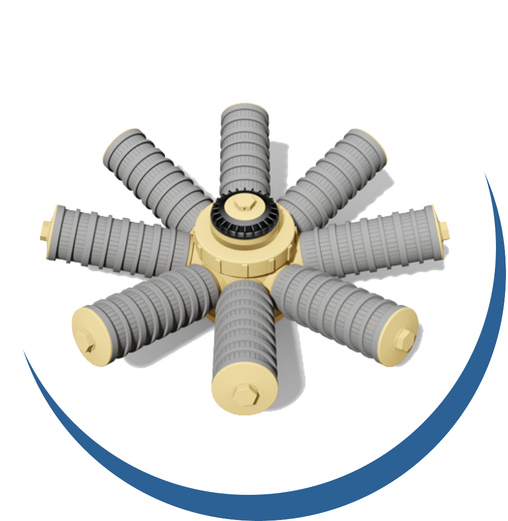 Technische Darstellung einer Filterdüse mit mehreren Auslässen in einem kreisförmigen Design.