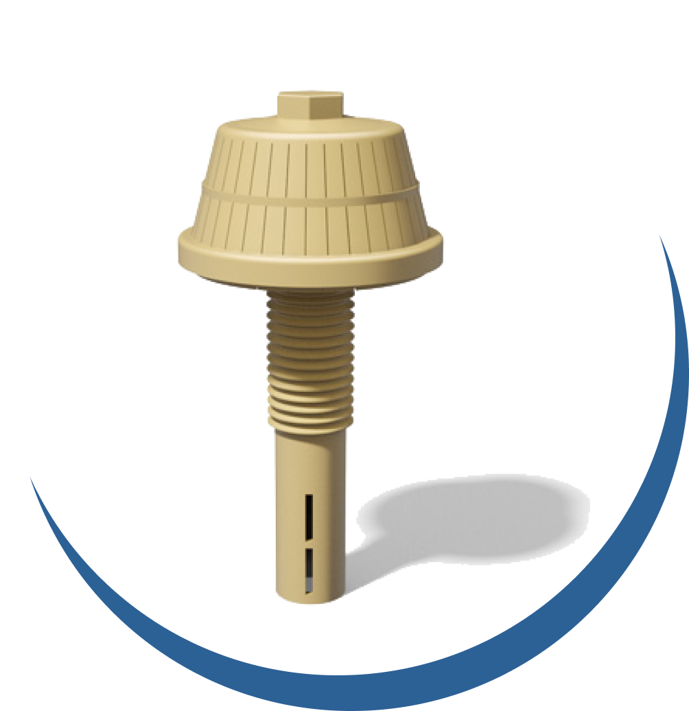 Beige Filterdüse mit Gewinde und seitlichen Entwässerungslöchern auf einem weißen Hintergrund.