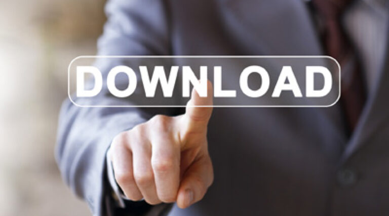 Ein Finger drückt auf einen Download-Button in einem geschäftlichen Kontext.