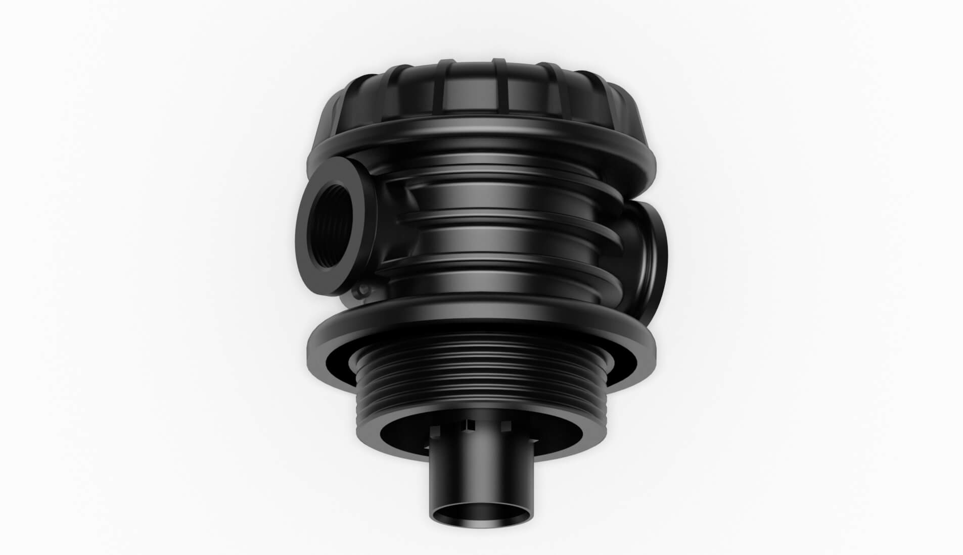 Schwarzes Filterelement mit verschiedenen Anschlussmöglichkeiten für Rohrsysteme.