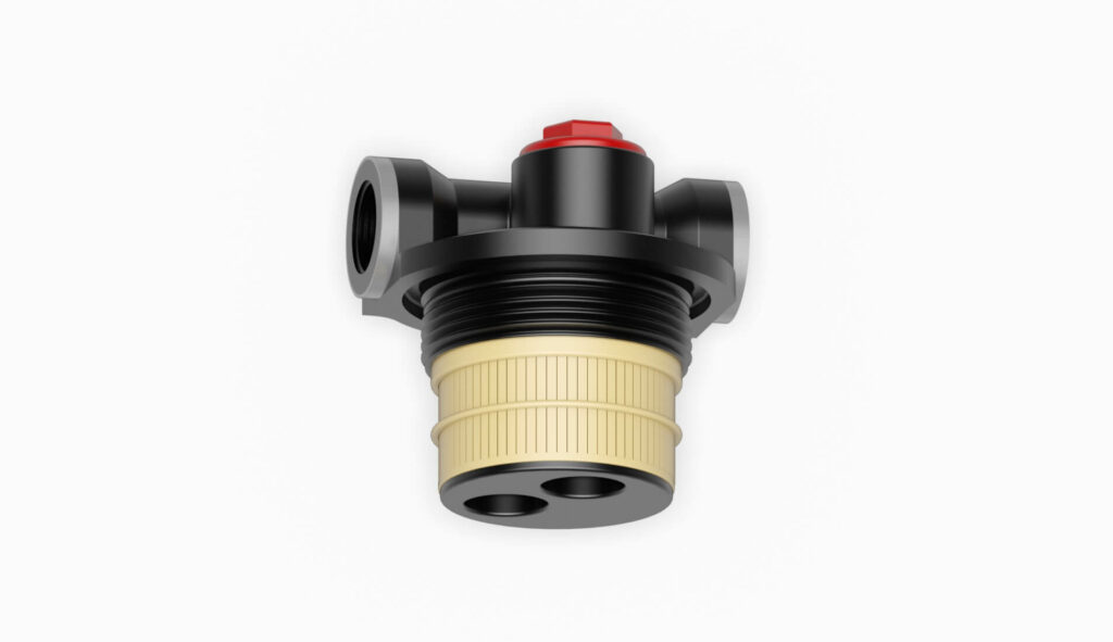 Technische Darstellung einer Filterdüse mit zwei Anschlüssen und einem Gewinde in schwarzer und beiger Farbe.