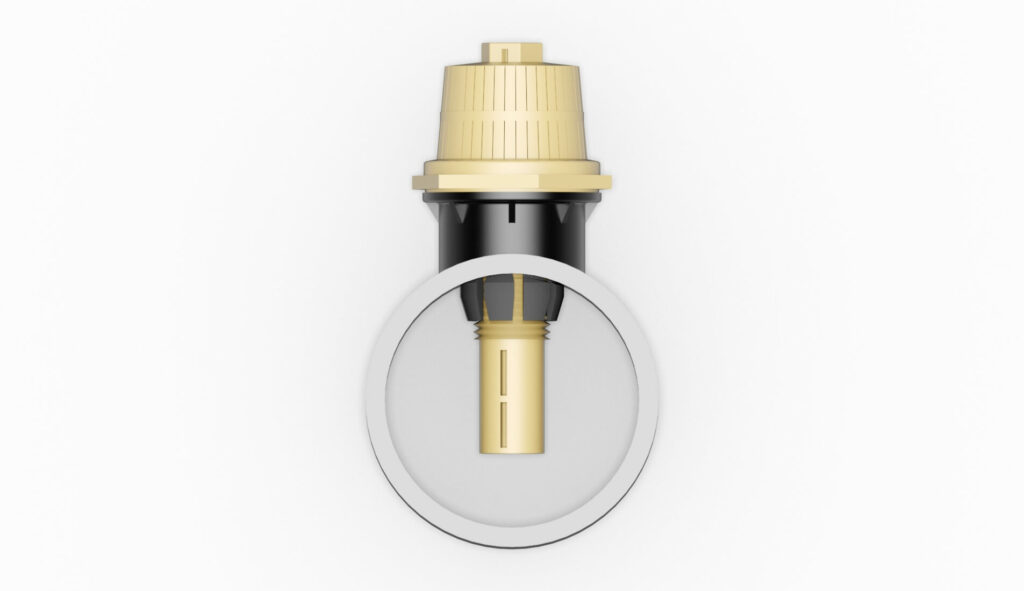 ASR 0.2 Filterdüse mit schwarzem und goldenem Gehäuse, sichtbar von oben.