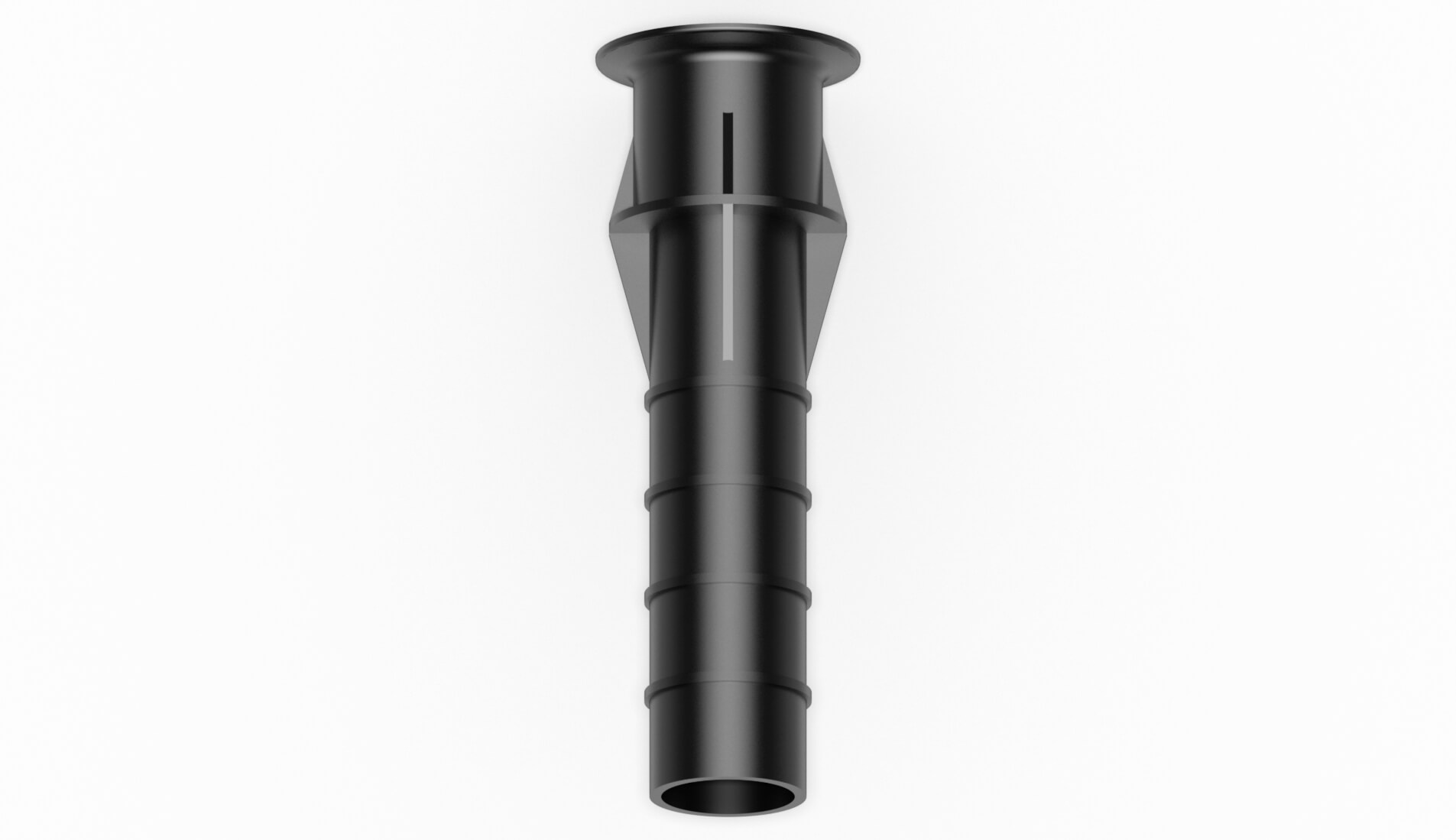 Schwarze Filterdüse mit konischer Form und mehreren Rillen für die Befestigung.