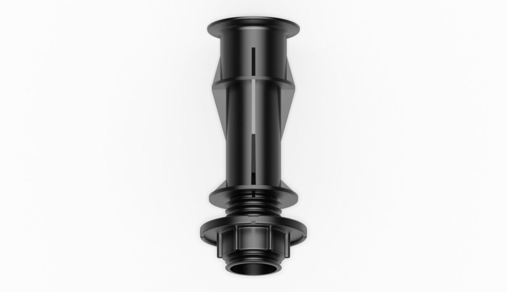 Schwarze Filterdüse mit einem Gewinde und mehreren Öffnungen für Wasserablauf oder Filtration.