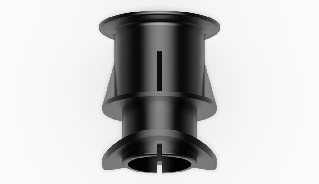 Schwarze Filterdüse mit konischem Design und zentralem Schlitz für Wasserabfluss.