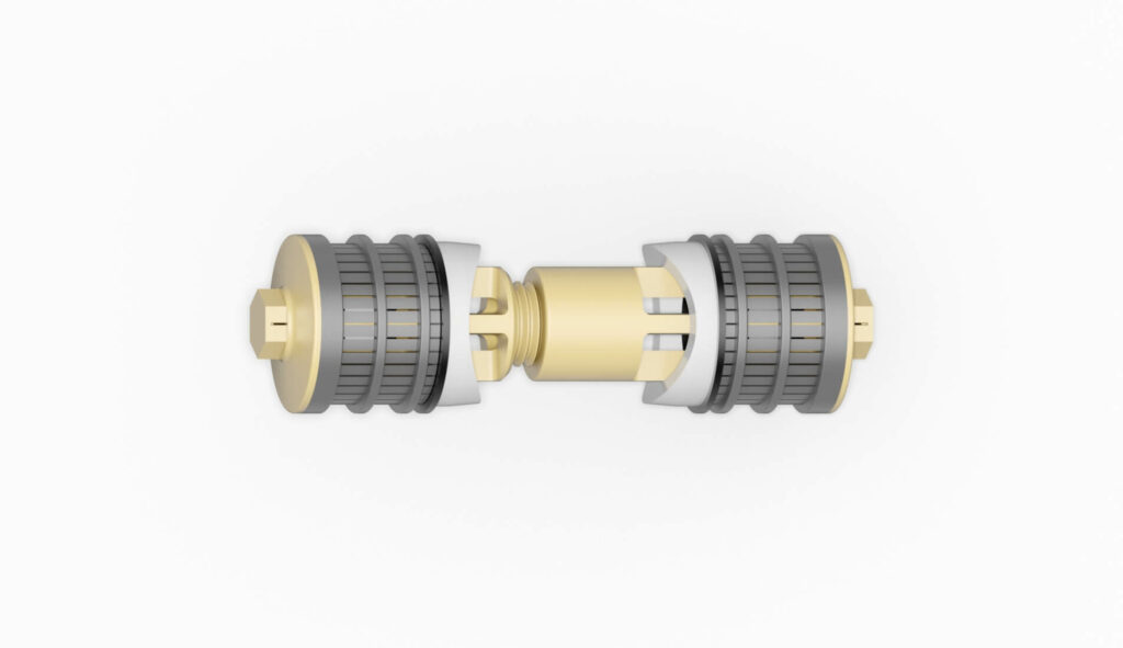 Doppelter Filterdüsenanschluss mit grauen und goldenen Komponenten in einer neutralen Darstellung.