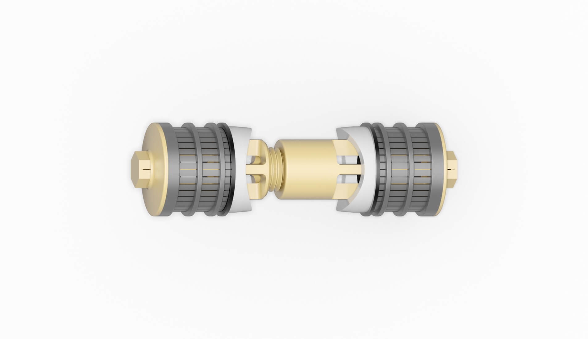 Doppelter Filterdüsenanschluss mit grauen und goldenen Komponenten in einer neutralen Darstellung.