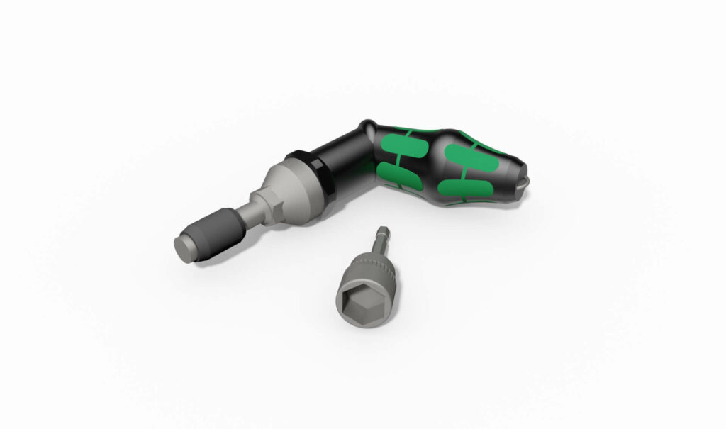 Schraubendreher mit ergonomischem Griff und abnehmbarem Bit in grauer und schwarzer Farbe.