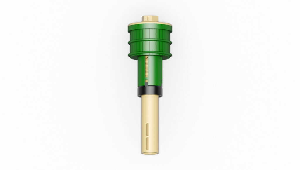 Grüne Filterdüse DSP 36x0.3 mit einem langen, beige-farbenen Auslass.