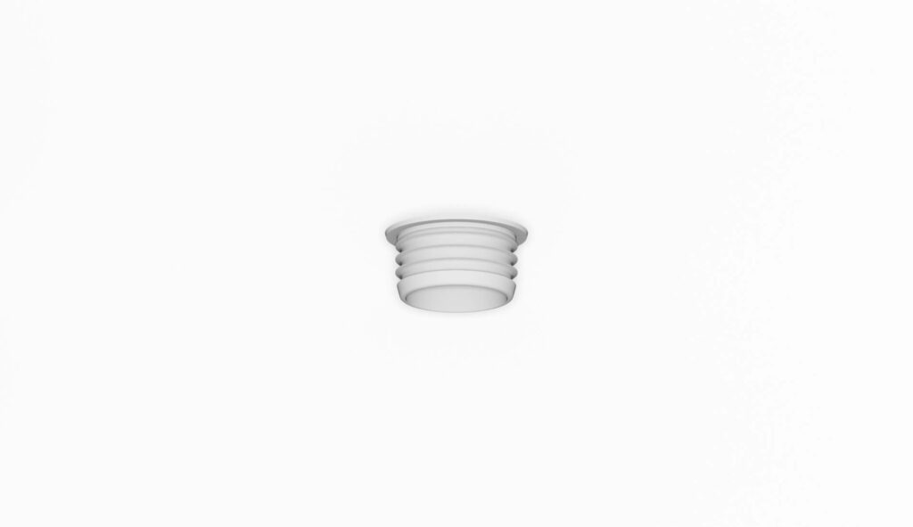 Weiße Filterdüse mit einer runden Form und einer Rillenstruktur auf der Oberfläche.
