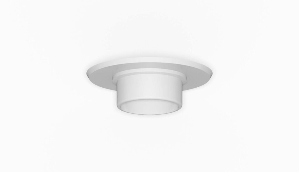 Runde, weiße Deckenleuchte mit einem flachen Design und einem zylindrischen Lampenschirm.