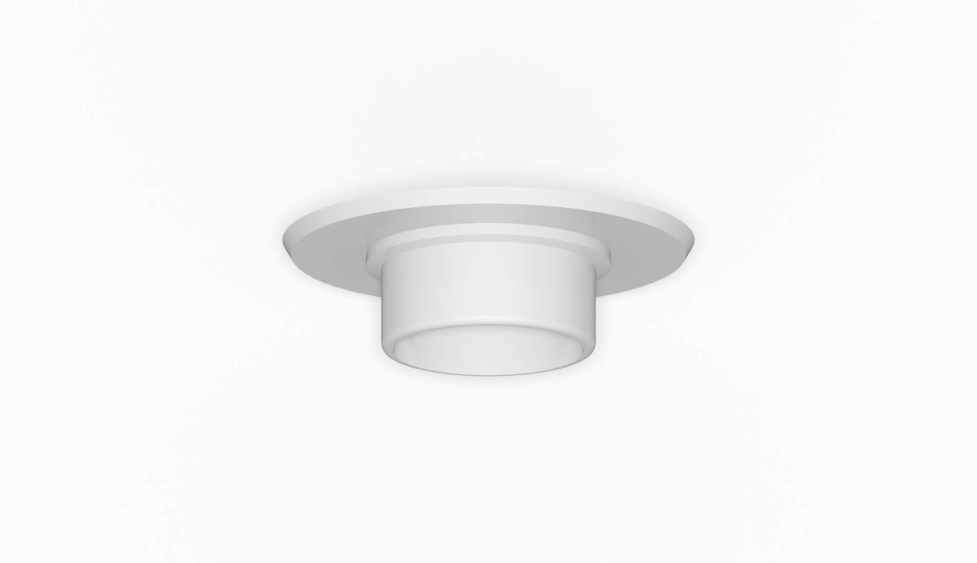 Runde, weiße Deckenleuchte mit einem flachen Design und einem zylindrischen Lampenschirm.