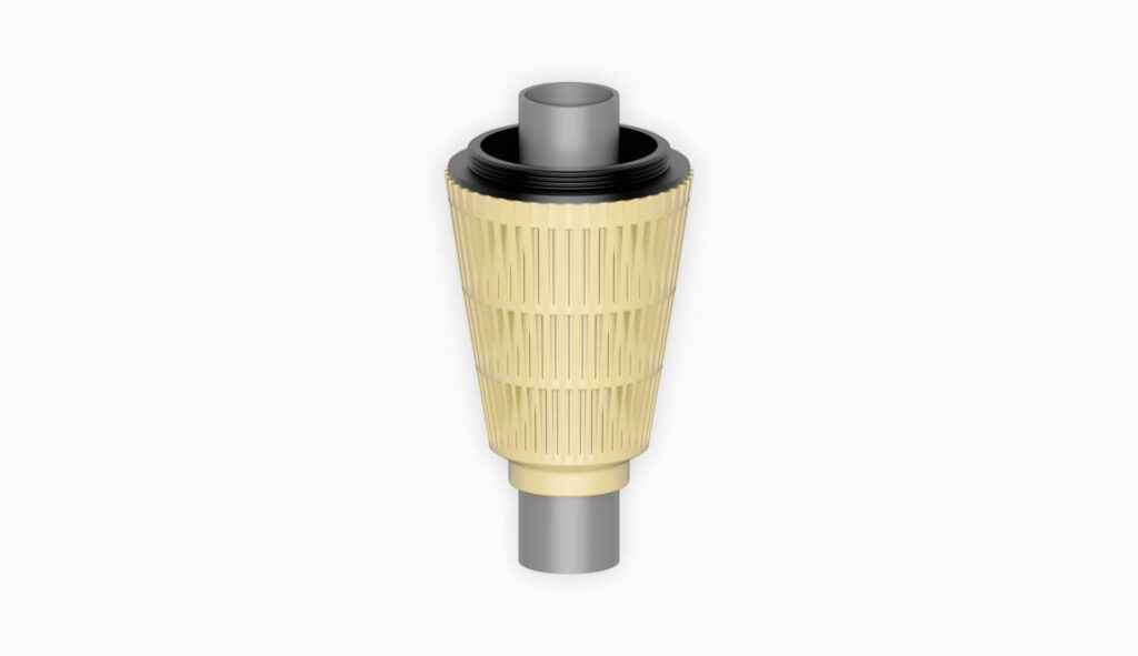 Filterdüse mit einem konischen Design und einem Metallanschluss in der Mitte.
