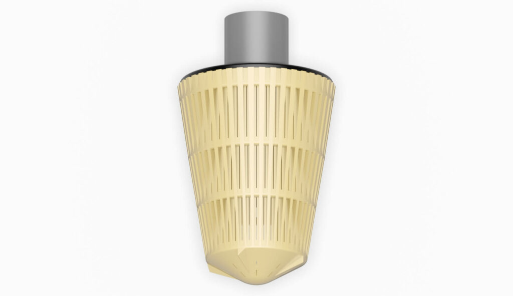 Konische Filterdüse mit einem grauen oberen Teil und einem gelben, strukturierten unteren Teil.