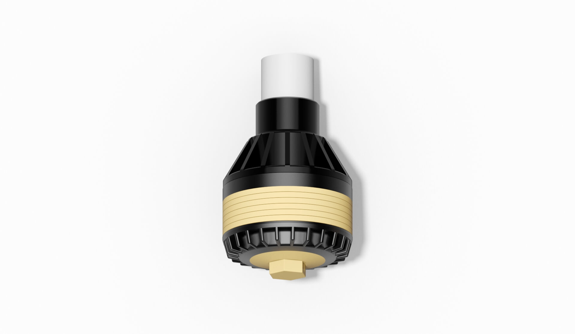 Filterdüse mit schwarzem und gelbem Gehäuse, ausgestattet mit einem weißen Anschluss.