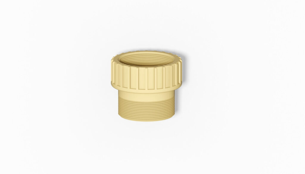 Gelber Kunststoffadapter mit Außengewinde und gerilltem Design für sichere Verbindung.