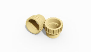 Zwei beige Gewindeverbindungen mit geriffeltem Design zur Verbindung von Rohren oder Schläuchen.