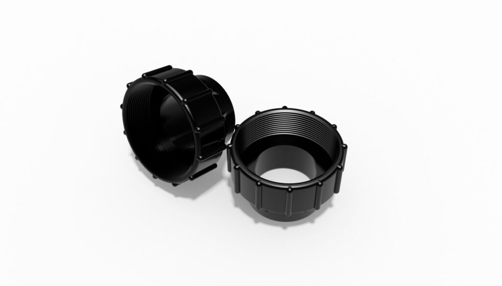 Zwei schwarze Klebeanschlüsse aus Kunststoff mit gewelltem Design und Innengewinde.