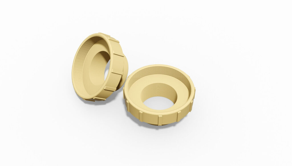 Zwei beige Kunststoffgewinde mit Innen- und Außengewinde, die übereinander liegen.