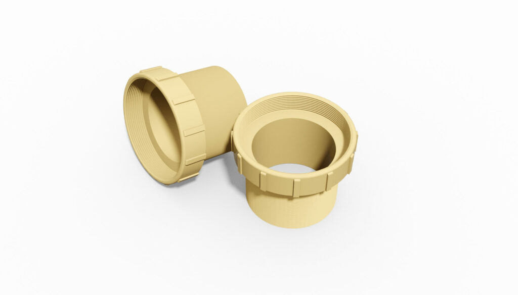 Zwei beige Rohrverbindungen mit unterschiedlichen Gewindearten auf einem weißen Hintergrund.