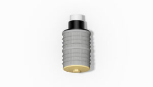 Graue Filterdüse mit geripptem Design und einem schwarzen sowie weißen Deckel auf einem weißen Hintergrund.