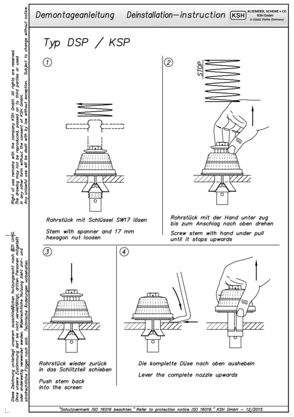 Demontageanleitung mit Anweisungen zur Installation und Deinstallation von Filterdüsen.