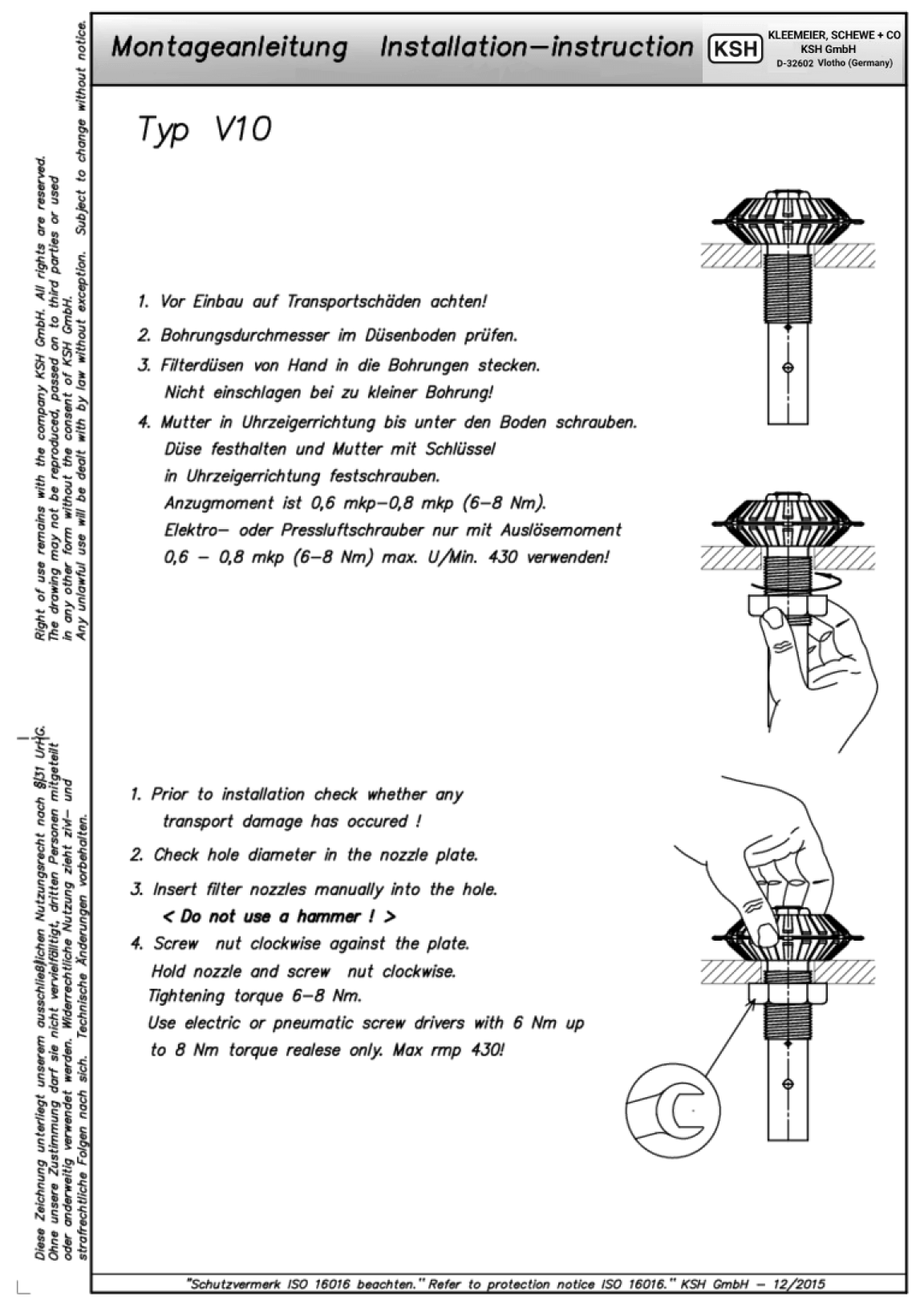 Montageanleitung für Filterdüsen und Drainagesysteme von KSH GmbH in klarer Schrift auf weißem Hintergrund.