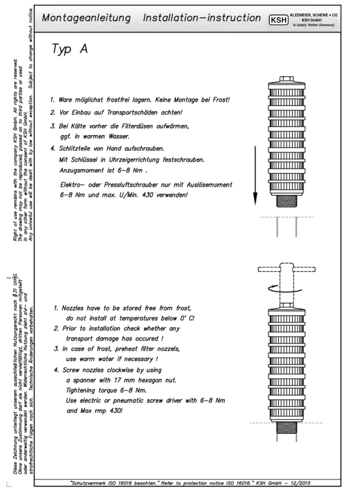 Montageanleitung für Filterdüsen mit klaren Anweisungen und Diagrammen zur Installation.