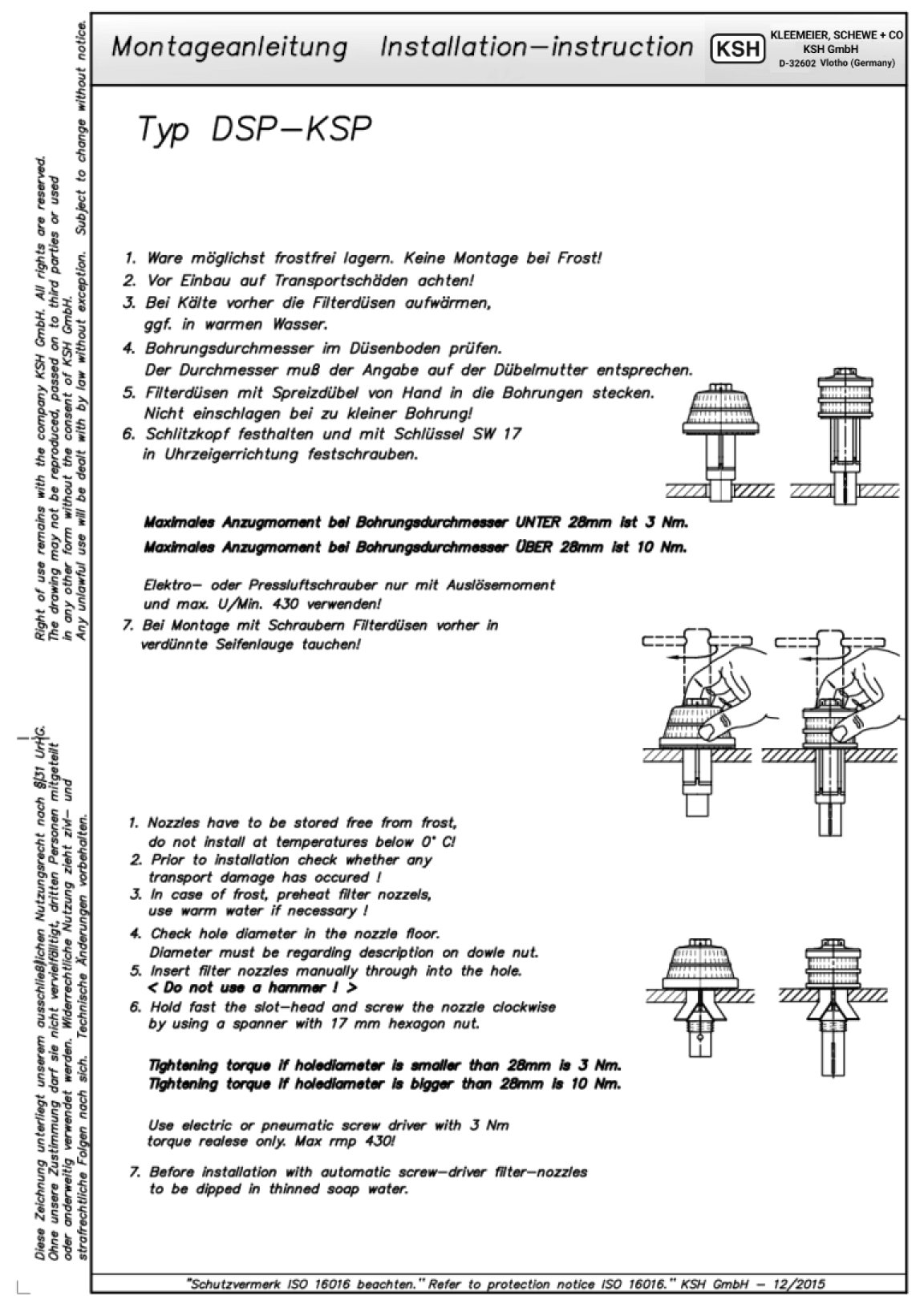 Montageanleitung für Filterdüsen und Drainagesysteme von KSH GmbH mit detaillierten Anweisungen.