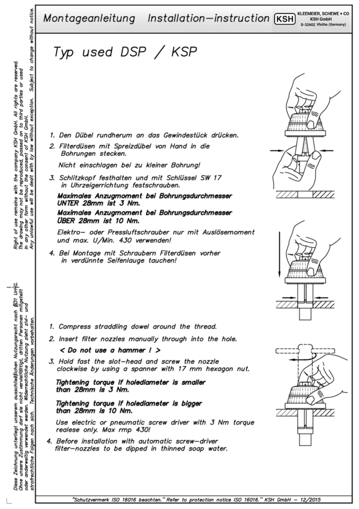 Montageanleitung für Produkte von KSH GmbH, Hersteller von Filterdüsen und Drainagesystemen.