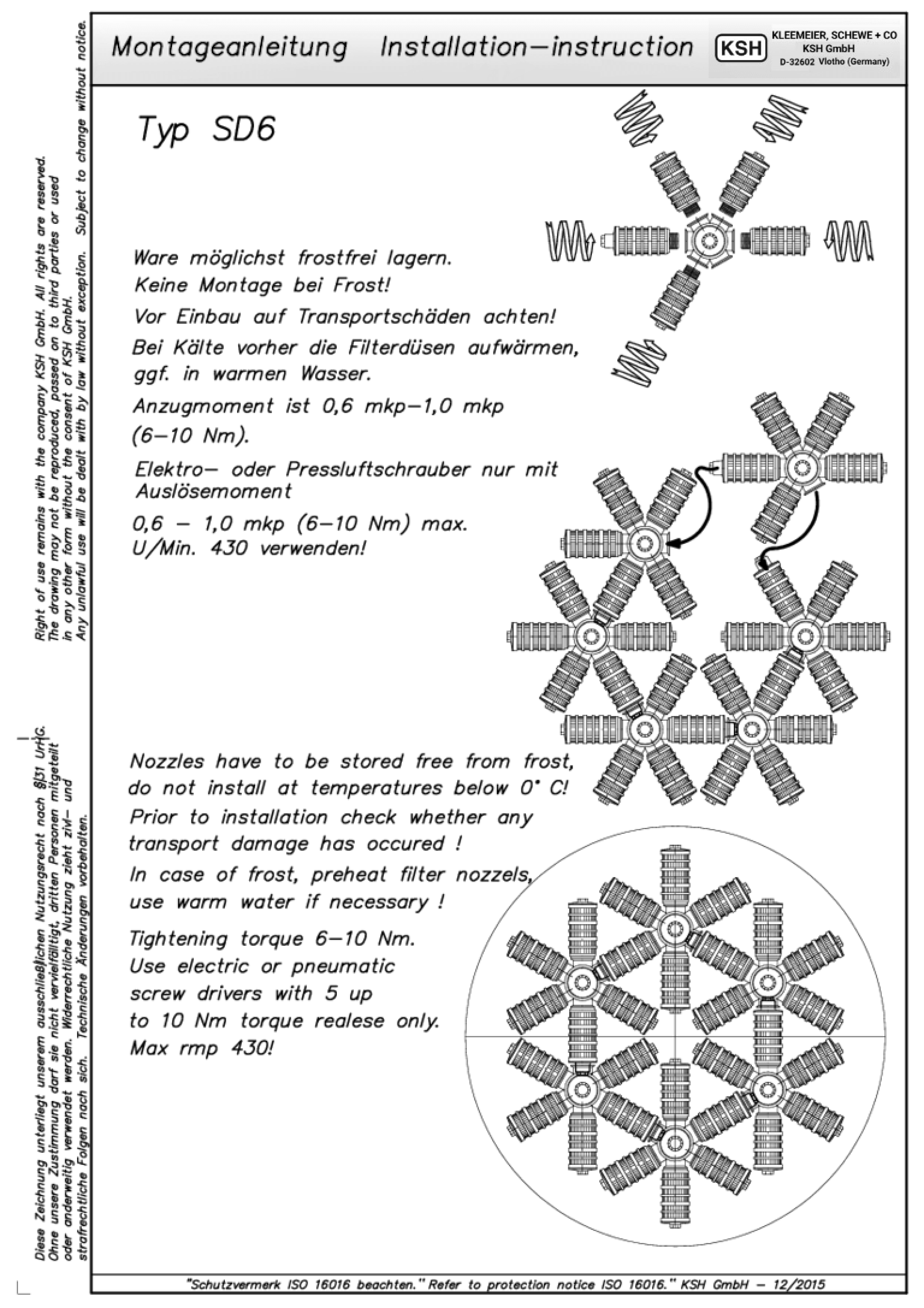 Montageanleitung für Filterdüsen mit Anweisungen in deutscher und englischer Sprache.