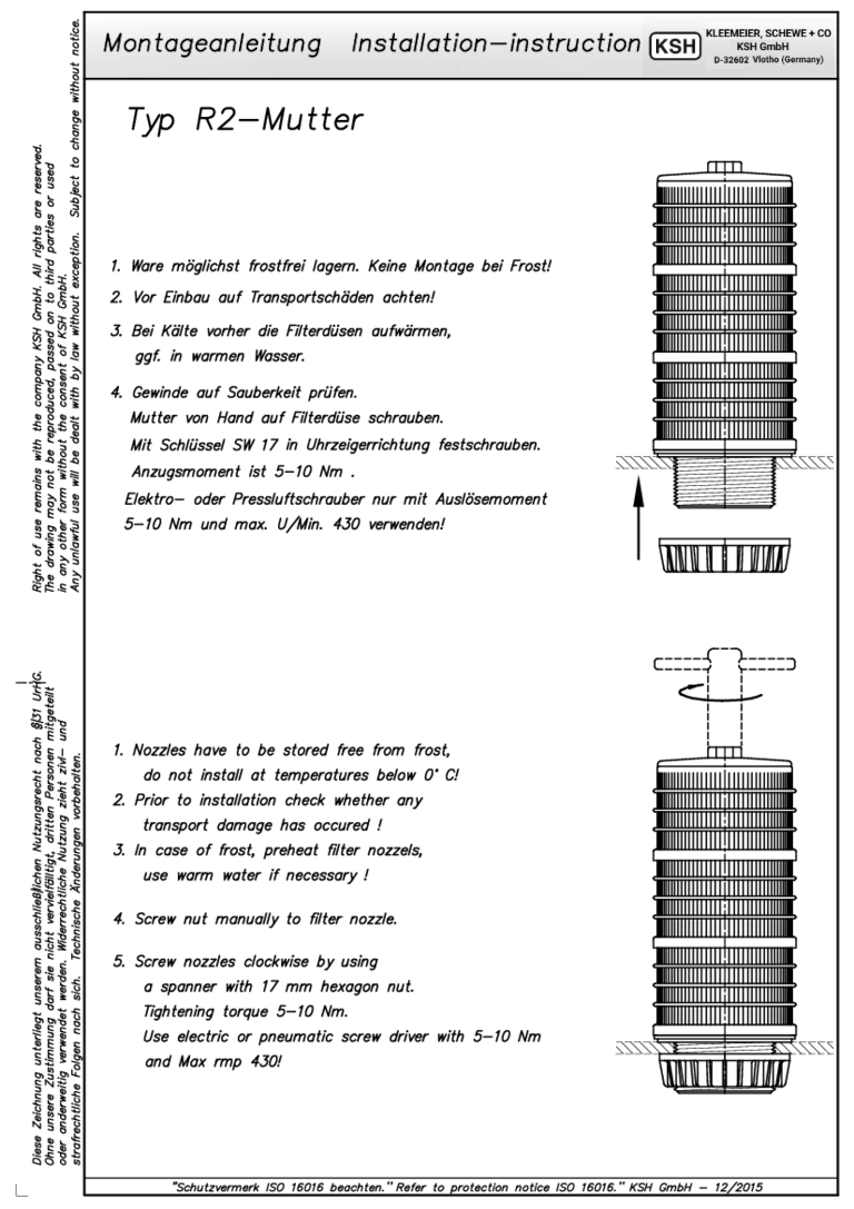 Montageanleitung mit Anweisungen zur Installation von Filterdüsen und Drainagesystemen von KSH GmbH.
