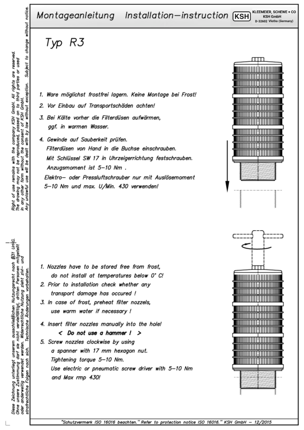 Montageanleitung für Filterdüsen und Drainagesysteme von KSH GmbH, mit klaren Anweisungen und Diagrammen.