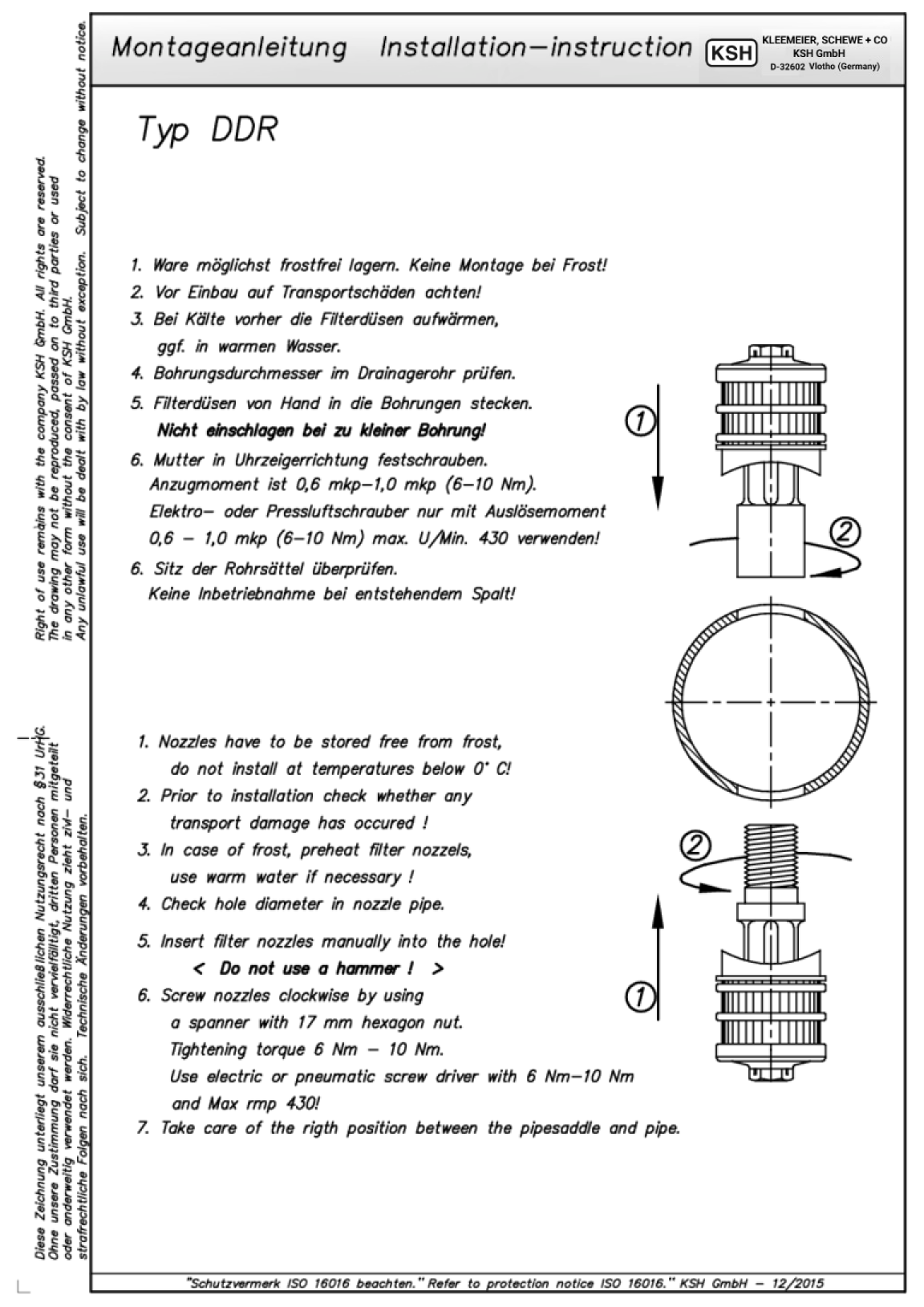 Montageanleitung für Filterdüsen und Drainagesysteme von KSH GmbH in deutscher Sprache.