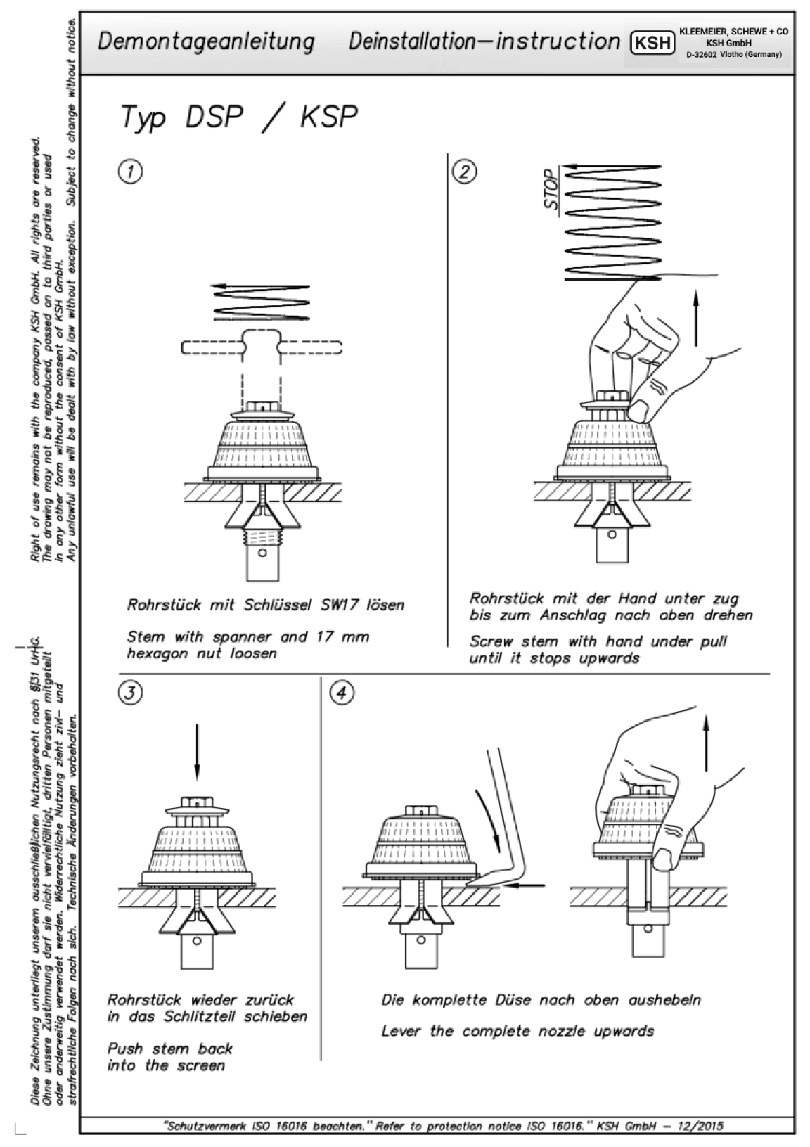 Demontageanleitung mit Anweisungen zur Installation und Deinstallation von Filterdüsen von KSH GmbH.