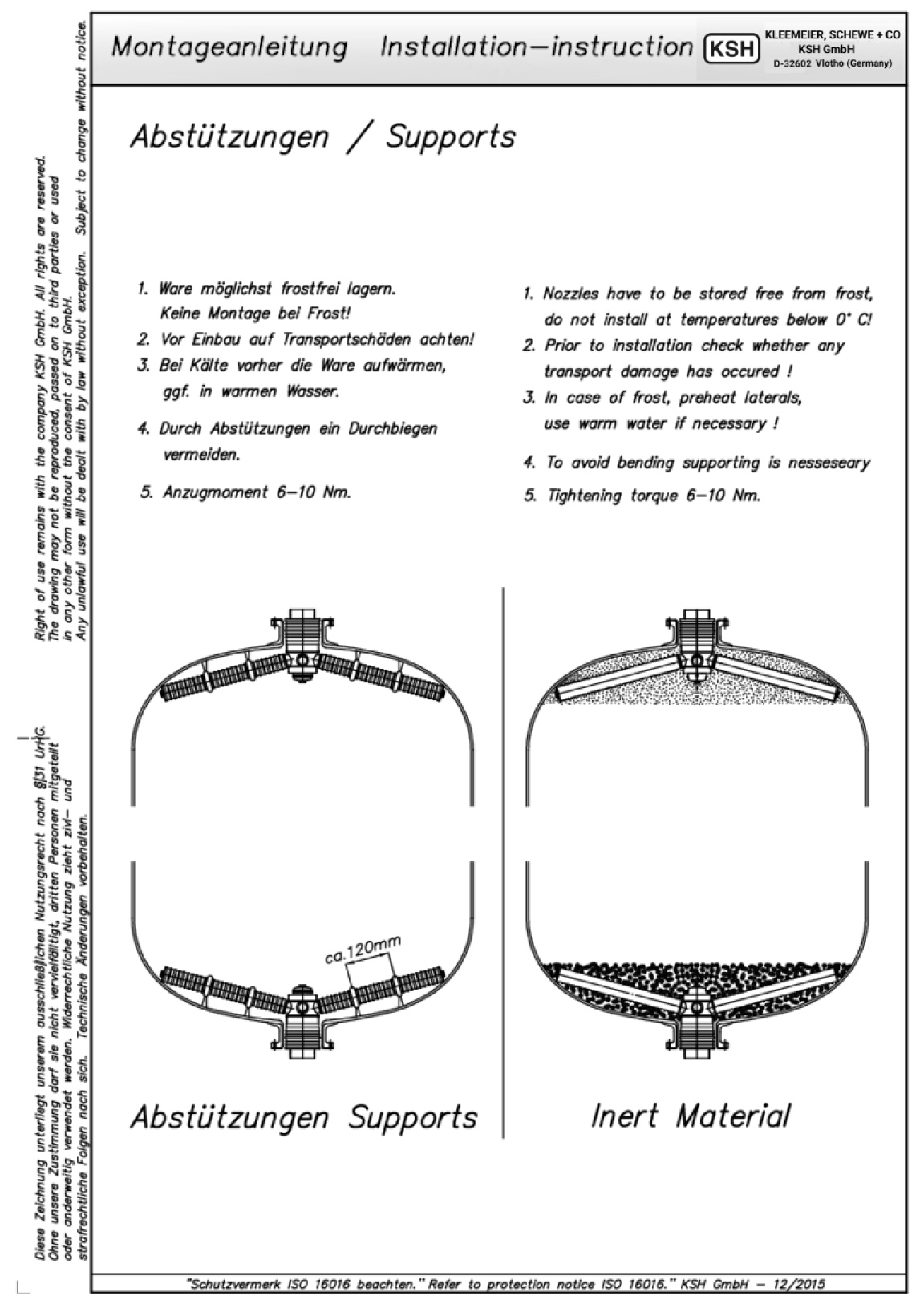 Montageanleitung mit Anweisungen zu Abstützungen und Inertmaterial für Filterdüsen von KSH GmbH.