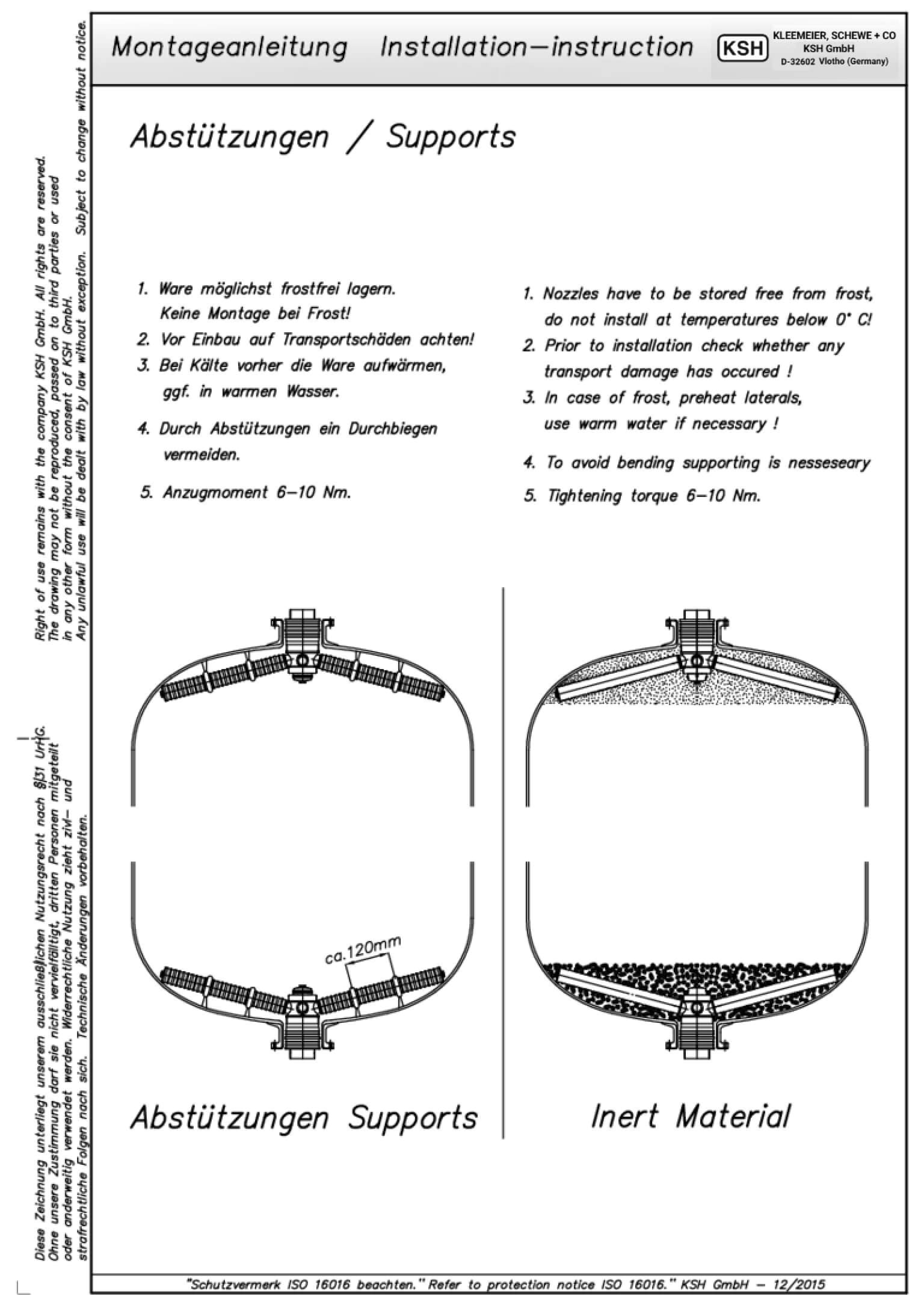 Montageanleitung mit Diagrammen und Anweisungen für die Installation von Filterdüsen und Drainagesystemen.