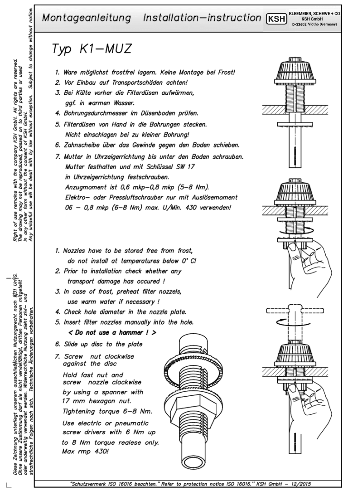 Montageanleitung für Filterdüsen mit Anweisungen und Diagrammen zur Installation.