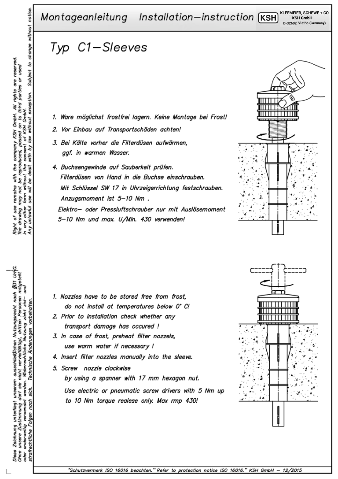 Montageanleitung für Filterdüsen und Drainagesysteme von KSH GmbH, mit klaren Anweisungen und Diagrammen.