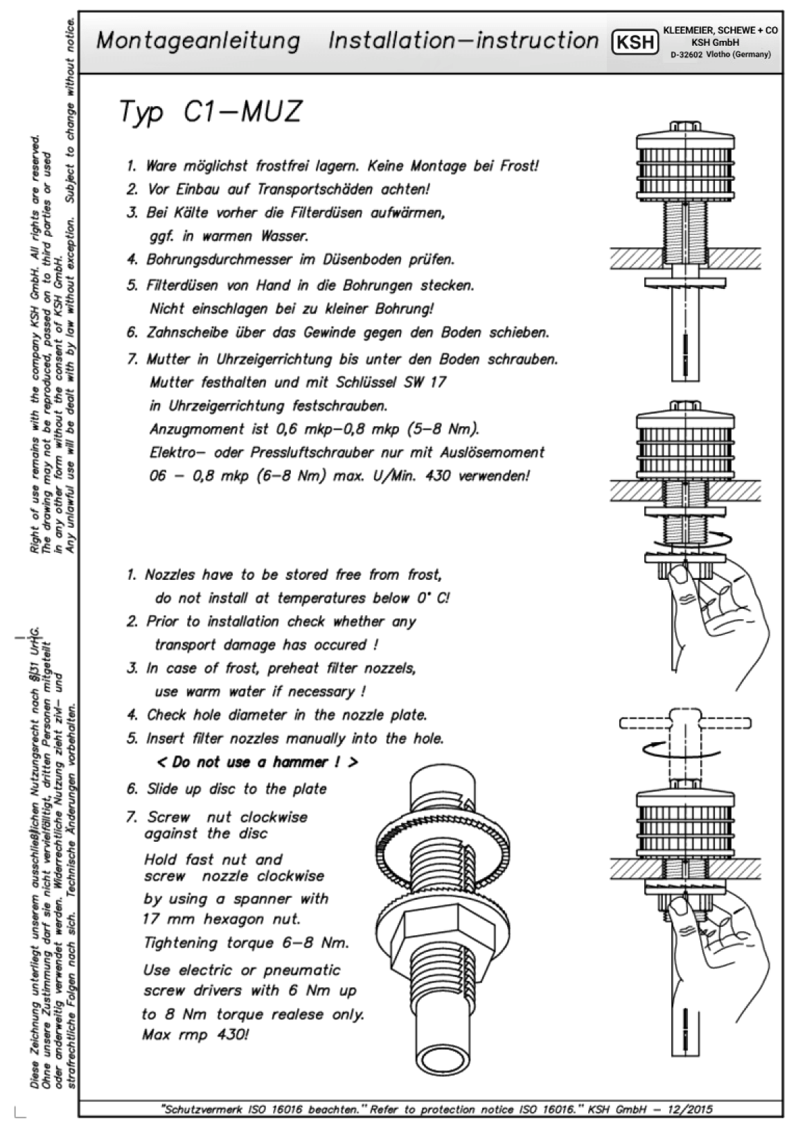 Montageanleitung mit Anweisungen zur Installation von Filterdüsen und Drainagesystemen von KSH GmbH.