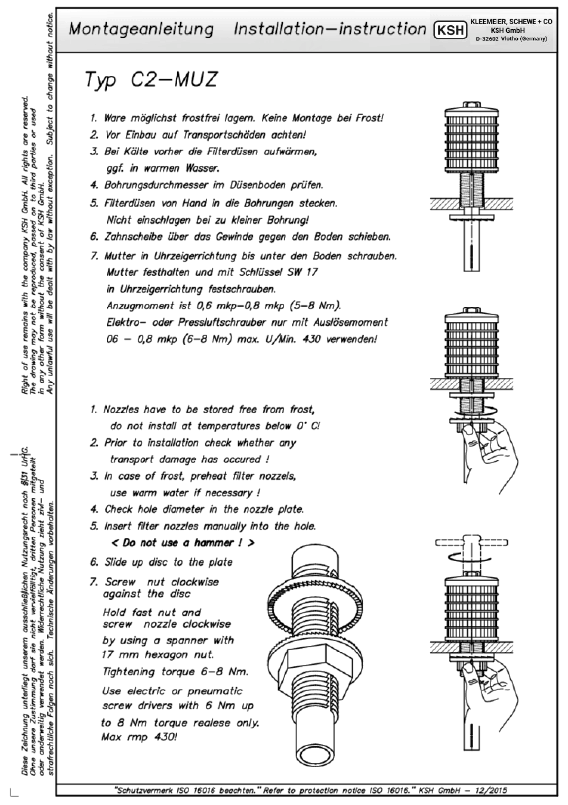 Montageanleitung für Filterdüsen und Drainagesysteme von KSH GmbH in klarer, strukturierter Darstellung.