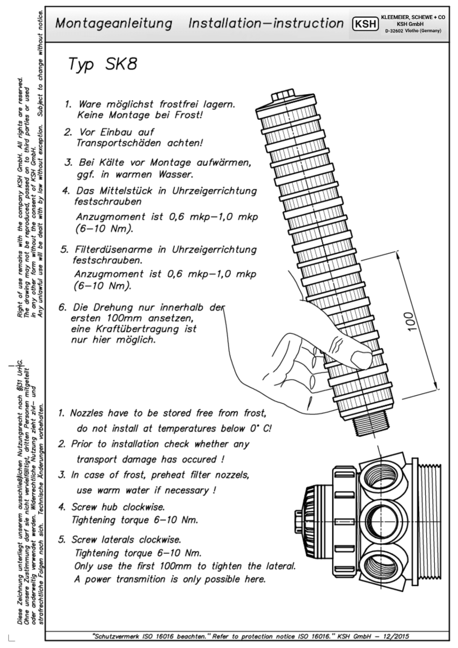 Montageanleitung für Filterdüsen und Drainagesysteme von KSH GmbH mit detaillierten Anweisungen.