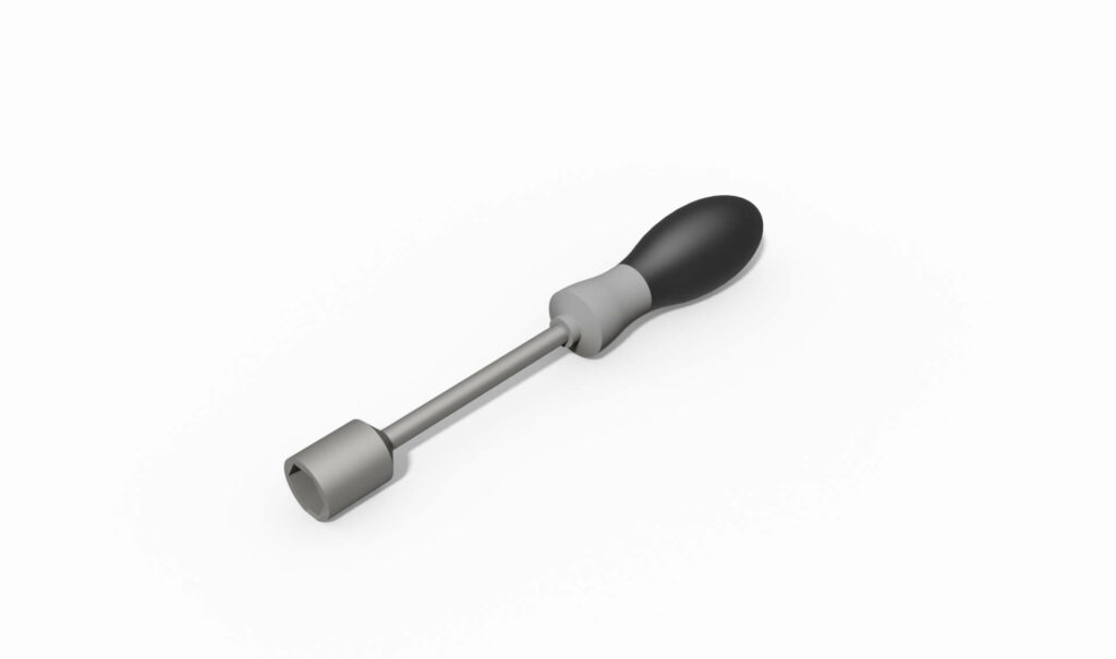 Schraubenschlüssel mit grauem Kopf und schwarzem ergonomischem Griff auf weißem Hintergrund.