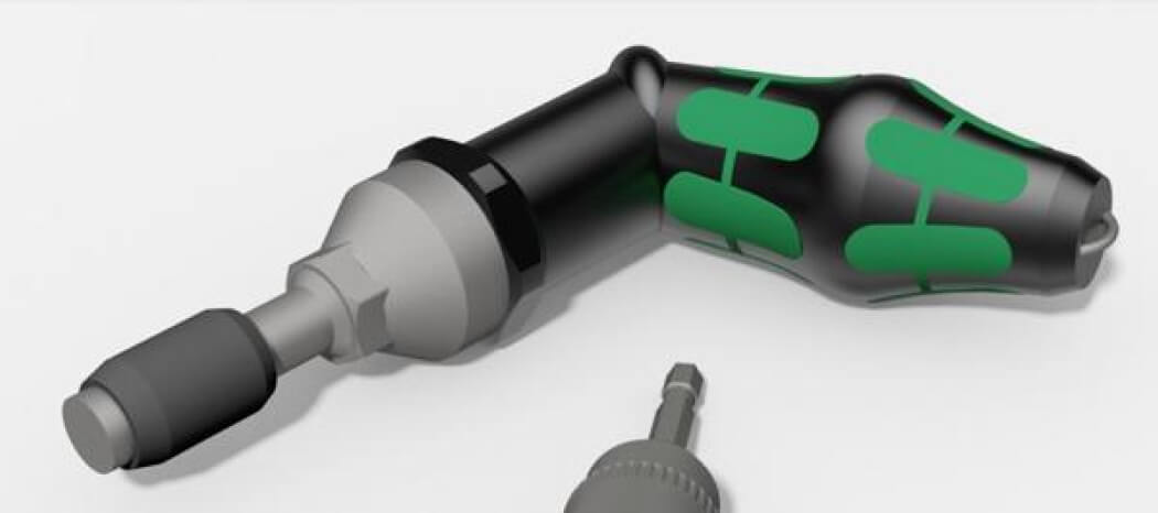 Winkel-Schraubendreher mit ergonomischem Griff und austauschbarem Bit.