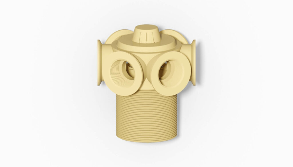 Gelbe Filterdüse mit mehreren Auslässen, die für verschiedene Anwendungen konzipiert ist.