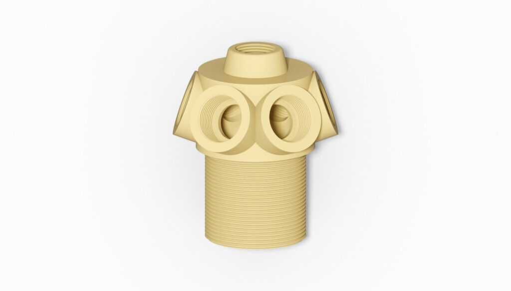 Gelbe Filterdüse mit zwei seitlichen Auslässen und einem Gewinde für die Befestigung.