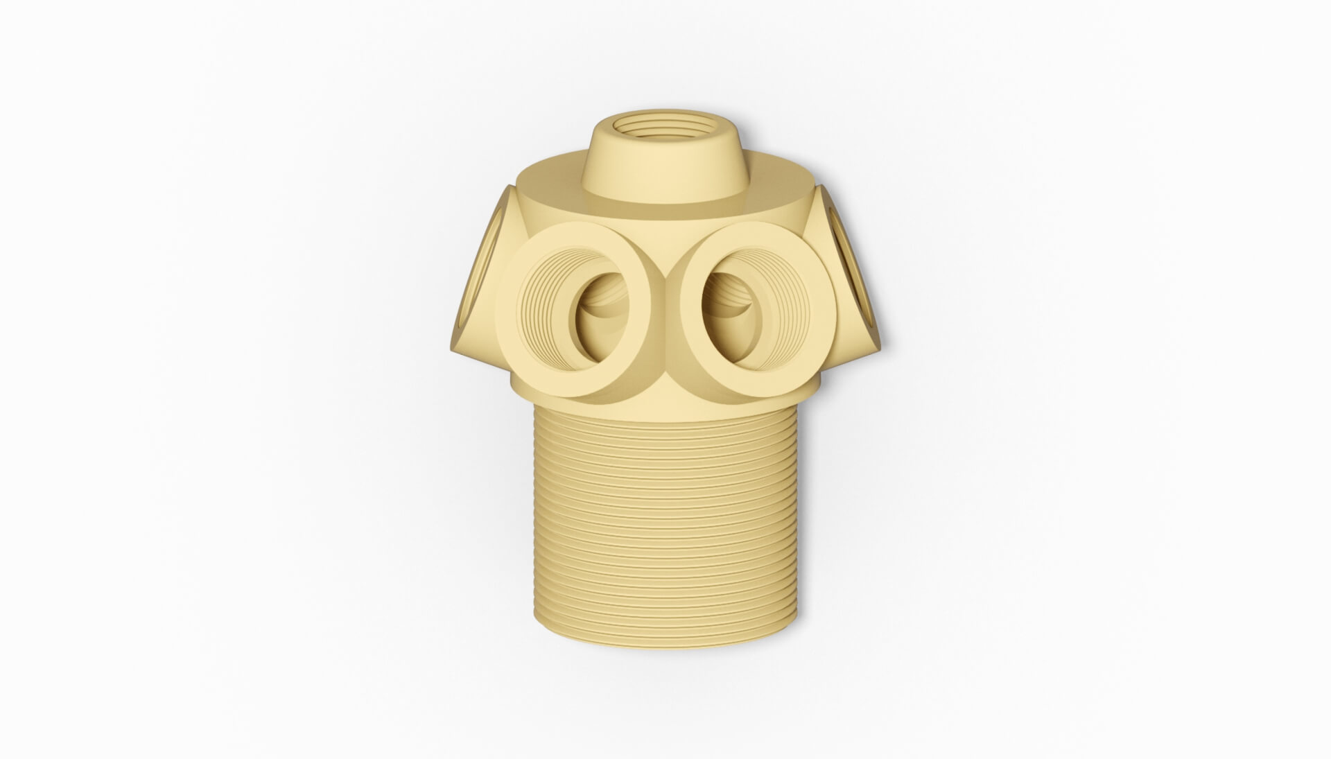 Gelbe Filterdüse mit zwei seitlichen Auslässen und einem Gewinde für die Befestigung.