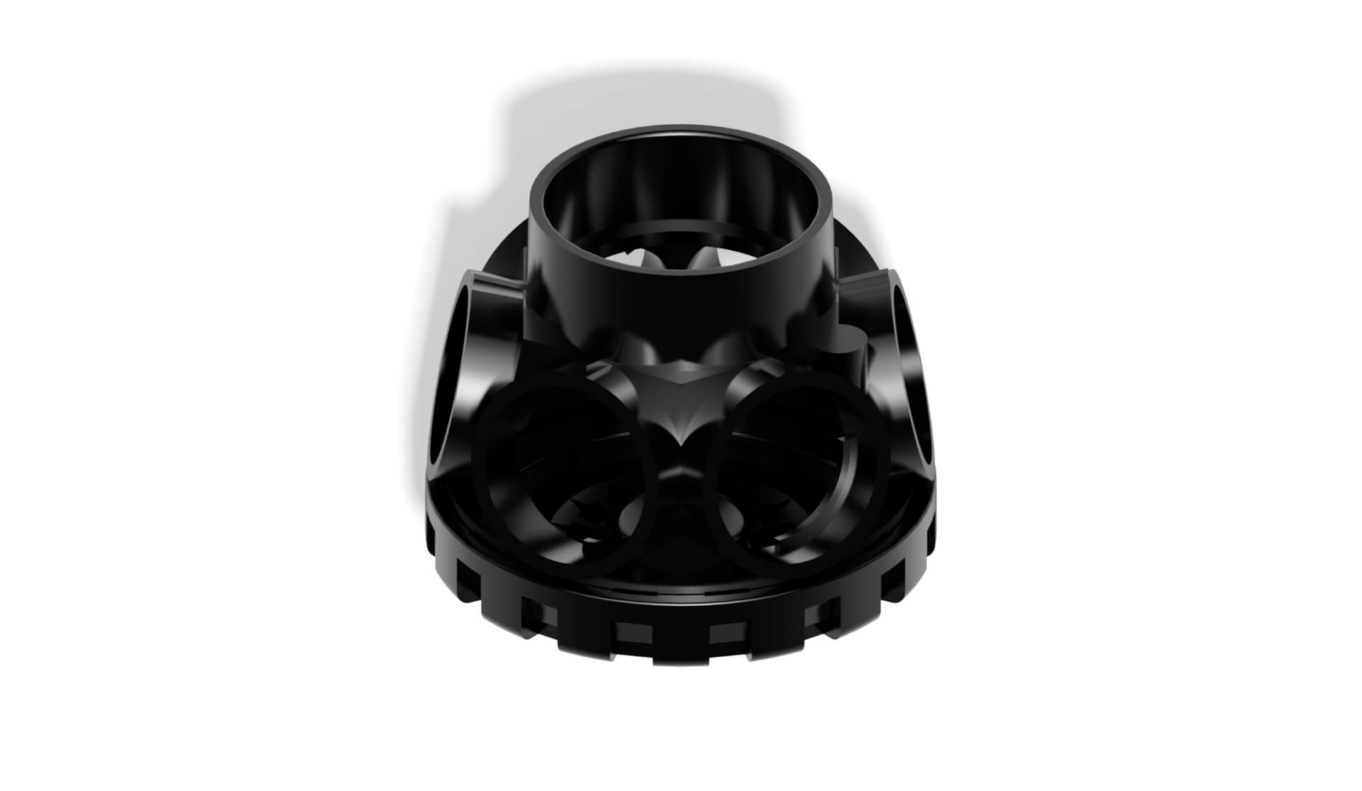 Schwarzes Modell einer Filterdüse mit mehreren Öffnungen und einer strukturierten Basis für industrielle Anwendungen.