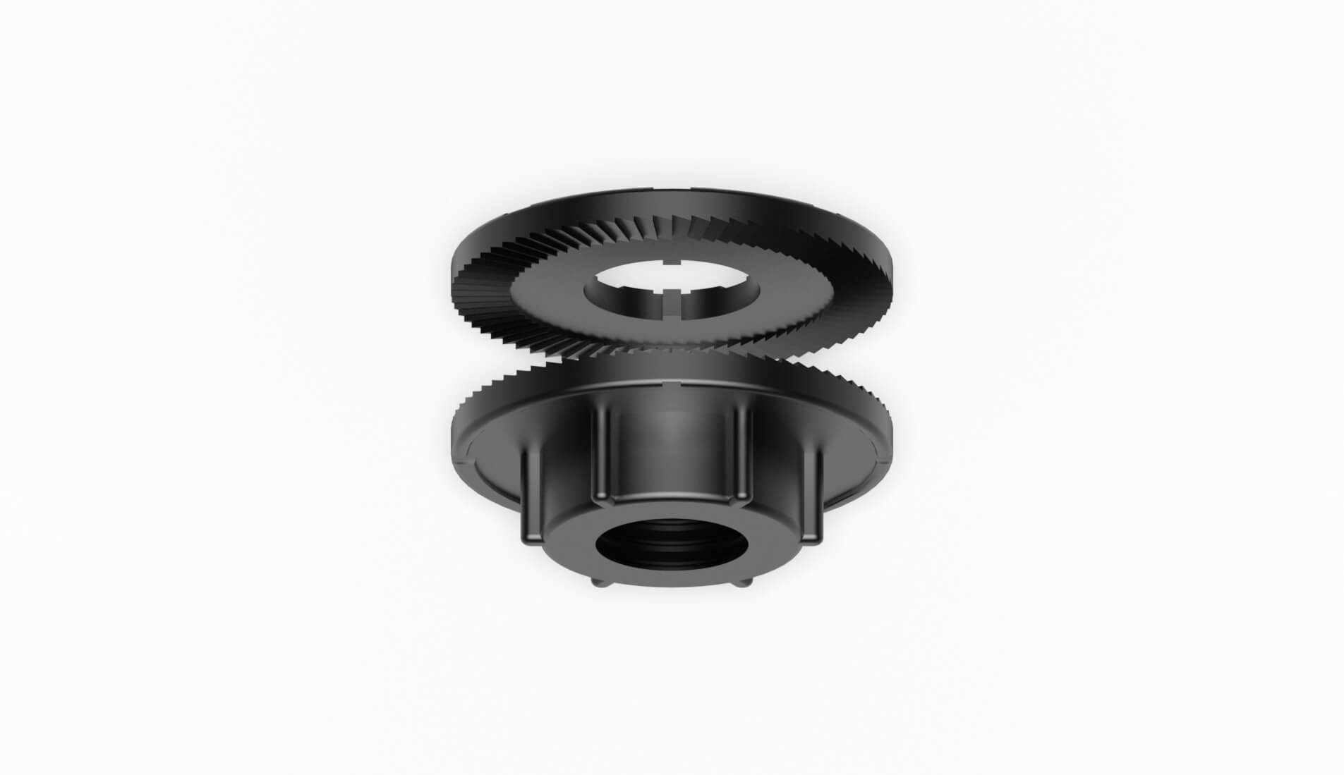 Schwarzes Filterelement mit zwei Zahnrädern und einem zentralen Gewinde zur Befestigung.