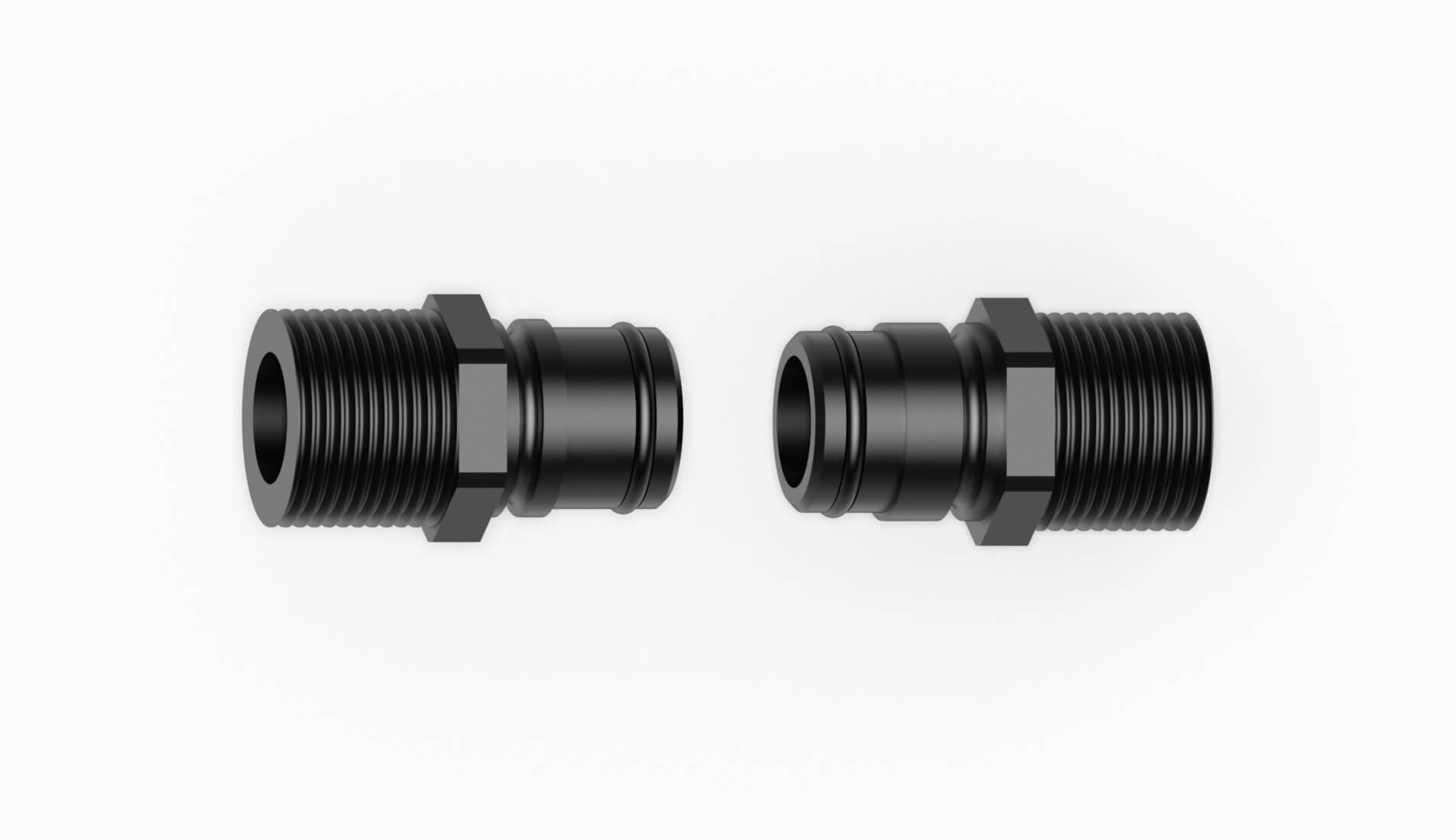 Zwei schwarze Gewindeverbindungen mit unterschiedlichen Anschlussgrößen für Rohrsysteme.